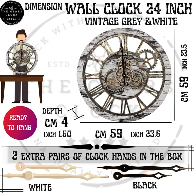 Alt view image 7 of 7 - The Gears Clock 24'' Inch Real Moving Gear Wall Clock Vintage Industrial Oversized Rustic Farmhouse (Vintage Grey and White)