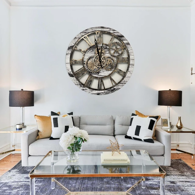 Alt view image 2 of 7 - The Gears Clock 24'' Inch Real Moving Gear Wall Clock Vintage Industrial Oversized Rustic Farmhouse (Vintage Grey and White)