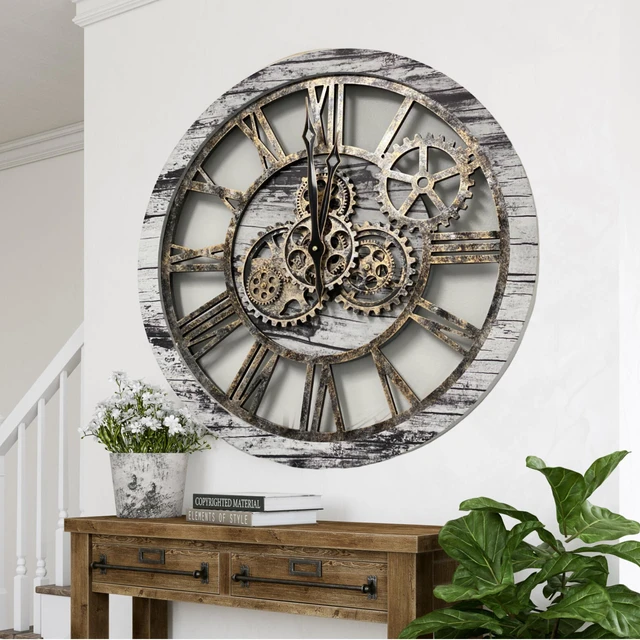 Alt view image 4 of 7 - The Gears Clock 24'' Inch Real Moving Gear Wall Clock Vintage Industrial Oversized Rustic Farmhouse (Vintage Grey and White)