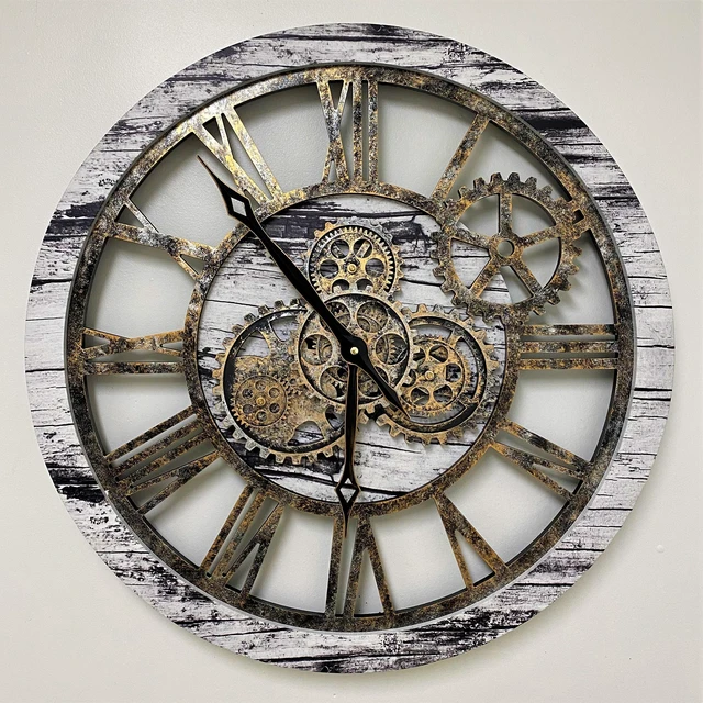 Alt view image 3 of 7 - The Gears Clock 24'' Inch Real Moving Gear Wall Clock Vintage Industrial Oversized Rustic Farmhouse (Vintage Grey and White)