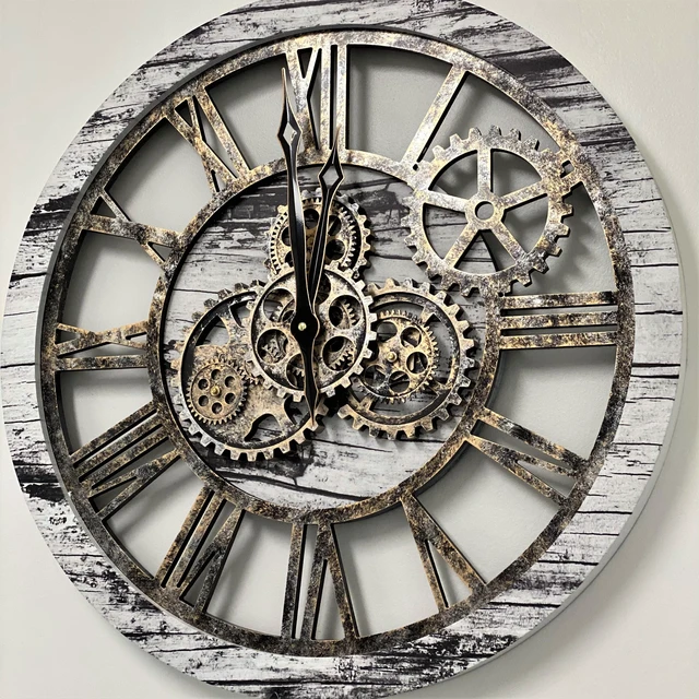 Alt view image 5 of 7 - The Gears Clock 24'' Inch Real Moving Gear Wall Clock Vintage Industrial Oversized Rustic Farmhouse (Vintage Grey and White)