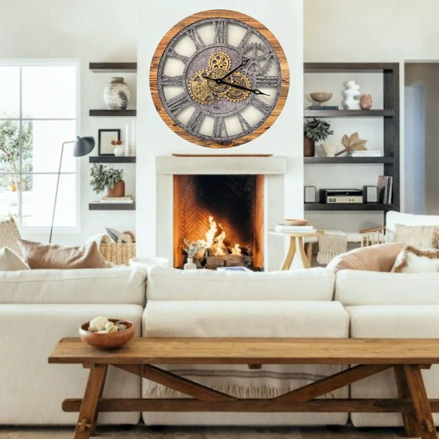 Alt view image 6 of 7 - The Gears Clock 24'' Inch Real Moving Gear Wall Clock Vintage Industrial Oversized Rustic Farmhouse (Wood and Stone)