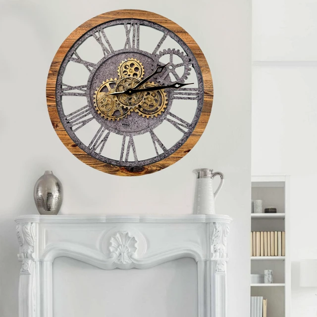 Alt view image 3 of 7 - The Gears Clock 24'' Inch Real Moving Gear Wall Clock Vintage Industrial Oversized Rustic Farmhouse (Wood and Stone)