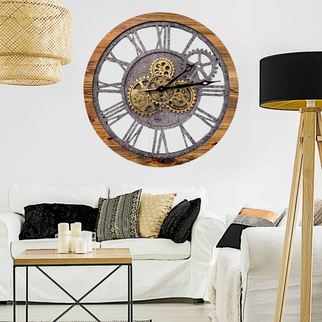 Alt view image 5 of 7 - The Gears Clock 24'' Inch Real Moving Gear Wall Clock Vintage Industrial Oversized Rustic Farmhouse (Wood and Stone)