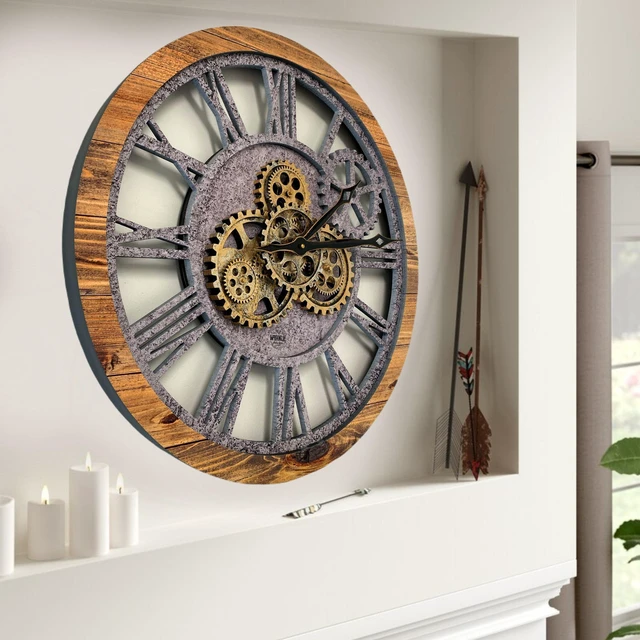 Alt view image 2 of 7 - The Gears Clock 24'' Inch Real Moving Gear Wall Clock Vintage Industrial Oversized Rustic Farmhouse (Wood and Stone)
