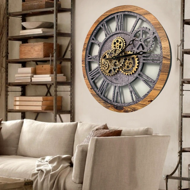 Alt view image 4 of 7 - The Gears Clock 24'' Inch Real Moving Gear Wall Clock Vintage Industrial Oversized Rustic Farmhouse (Wood and Stone)