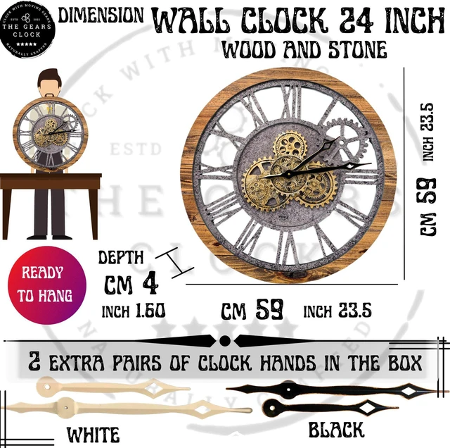 Alt view image 7 of 7 - The Gears Clock 24'' Inch Real Moving Gear Wall Clock Vintage Industrial Oversized Rustic Farmhouse (Wood and Stone)