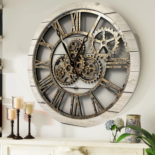 Main image of The Gears Clock 24'' Inch Real Moving Gear Wall Clock Vintage Industrial Oversized Rustic Farmhouse (WHITE FARMHOUSE)