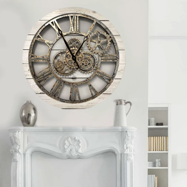Alt view image 3 of 7 - The Gears Clock 24'' Inch Real Moving Gear Wall Clock Vintage Industrial Oversized Rustic Farmhouse (WHITE FARMHOUSE)