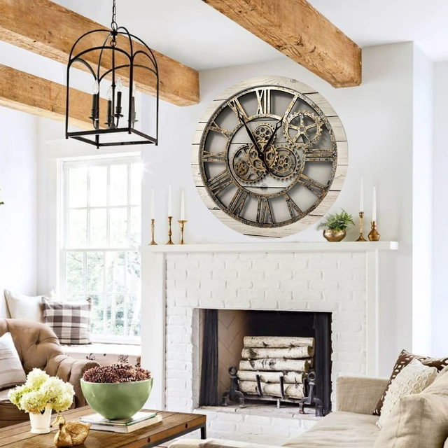 Alt view image 6 of 7 - The Gears Clock 24'' Inch Real Moving Gear Wall Clock Vintage Industrial Oversized Rustic Farmhouse (WHITE FARMHOUSE)