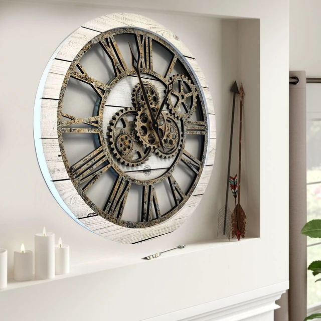 Alt view image 2 of 7 - The Gears Clock 24'' Inch Real Moving Gear Wall Clock Vintage Industrial Oversized Rustic Farmhouse (WHITE FARMHOUSE)