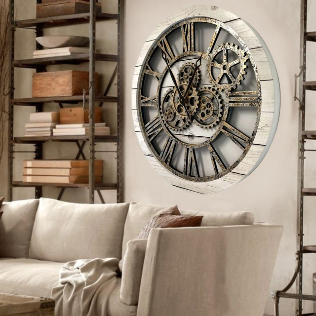 Alt view image 4 of 7 - The Gears Clock 24'' Inch Real Moving Gear Wall Clock Vintage Industrial Oversized Rustic Farmhouse (WHITE FARMHOUSE)