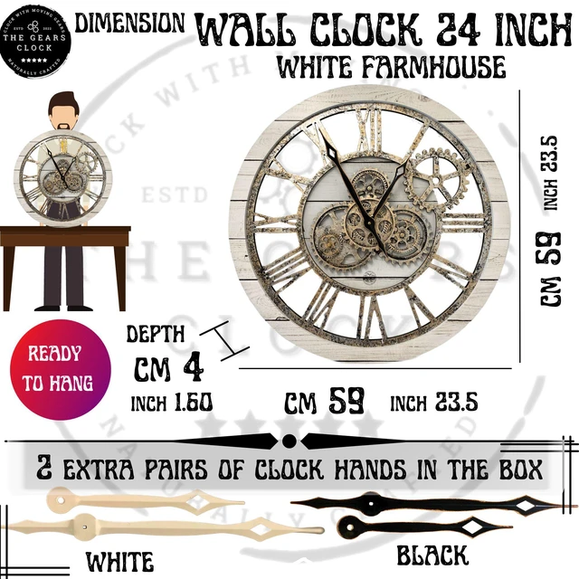 Alt view image 7 of 7 - The Gears Clock 24'' Inch Real Moving Gear Wall Clock Vintage Industrial Oversized Rustic Farmhouse (WHITE FARMHOUSE)