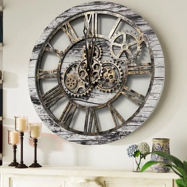 Main image of The Gears Clock 24'' Inch Real Moving Gear Wall Clock Vintage Industrial Oversized Rustic Farmhouse Grey/White