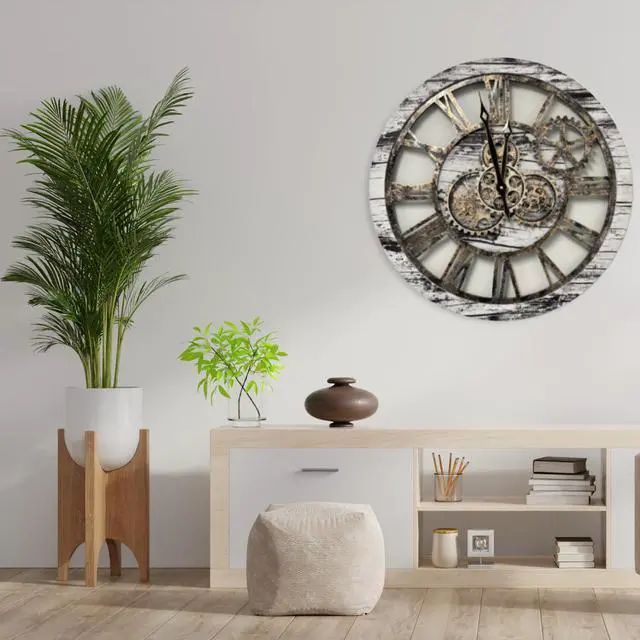 Alt view image 5 of 5 - The Gears Clock 24'' Inch Real Moving Gear Wall Clock Vintage Industrial Oversized Rustic Farmhouse Grey/White