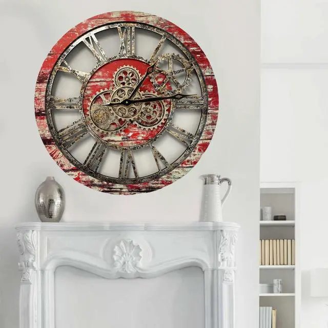 Alt view image 3 of 6 - The Gears Clock 24'' Inch Real Moving Gear Wall Clock Vintage Industrial Oversized Rustic Farmhouse Red