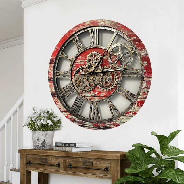 Alt view image 2 of 6 - The Gears Clock 24'' Inch Real Moving Gear Wall Clock Vintage Industrial Oversized Rustic Farmhouse Red