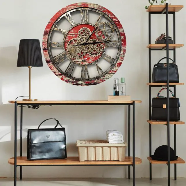Alt view image 4 of 6 - The Gears Clock 24'' Inch Real Moving Gear Wall Clock Vintage Industrial Oversized Rustic Farmhouse Red