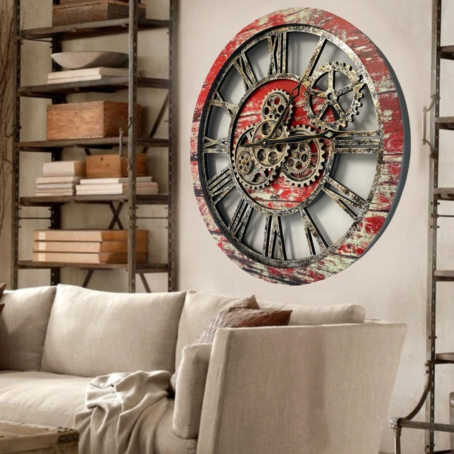 Alt view image 5 of 6 - The Gears Clock 24'' Inch Real Moving Gear Wall Clock Vintage Industrial Oversized Rustic Farmhouse Red
