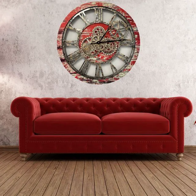 Alt view image 6 of 6 - The Gears Clock 24'' Inch Real Moving Gear Wall Clock Vintage Industrial Oversized Rustic Farmhouse Red