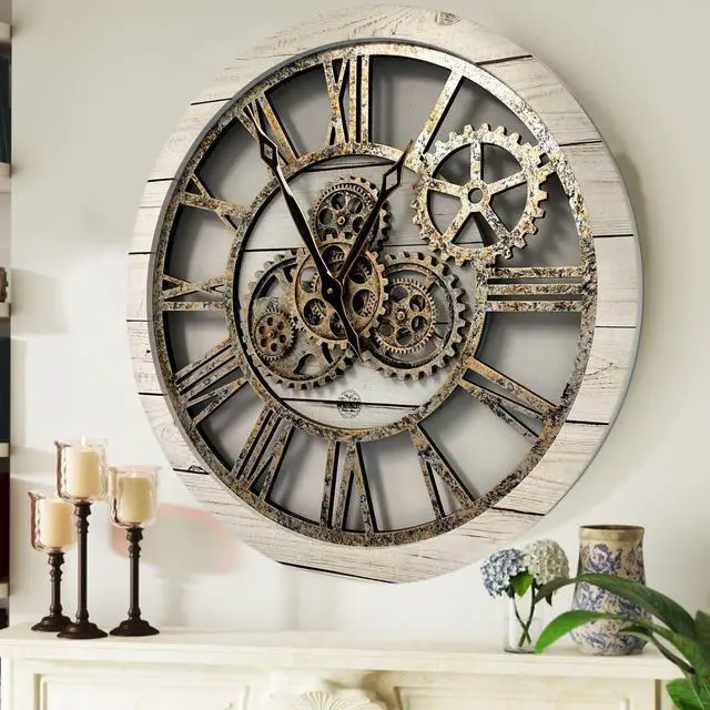 Main image of The Gears Clock 24'' Inch Real Moving Gear Wall Clock Vintage Industrial Oversized Rustic Farmhouse White