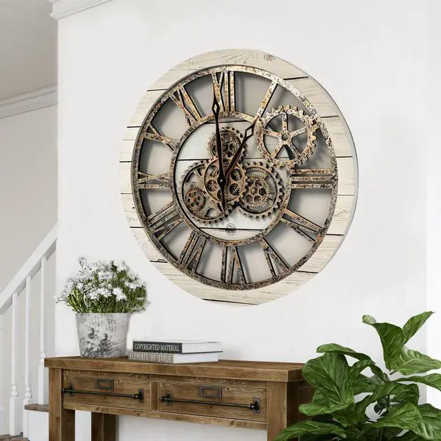 Alt view image 3 of 6 - The Gears Clock 24'' Inch Real Moving Gear Wall Clock Vintage Industrial Oversized Rustic Farmhouse White