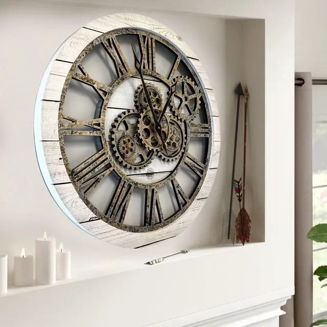 Alt view image 2 of 6 - The Gears Clock 24'' Inch Real Moving Gear Wall Clock Vintage Industrial Oversized Rustic Farmhouse White