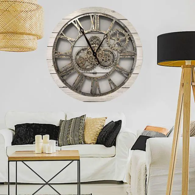 Alt view image 6 of 6 - The Gears Clock 24'' Inch Real Moving Gear Wall Clock Vintage Industrial Oversized Rustic Farmhouse White