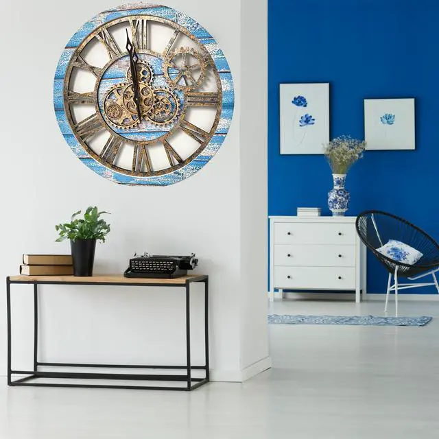 Alt view image 2 of 4 - The Gears Clock 24'' Inch Real Moving Gear Wall Clock Vintage Industrial Oversized Rustic Farmhouse Blue