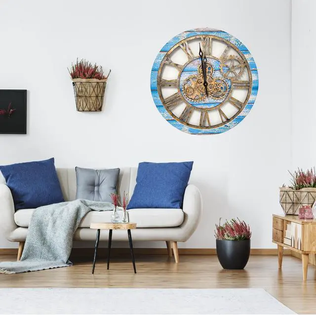 Alt view image 4 of 4 - The Gears Clock 24'' Inch Real Moving Gear Wall Clock Vintage Industrial Oversized Rustic Farmhouse Blue