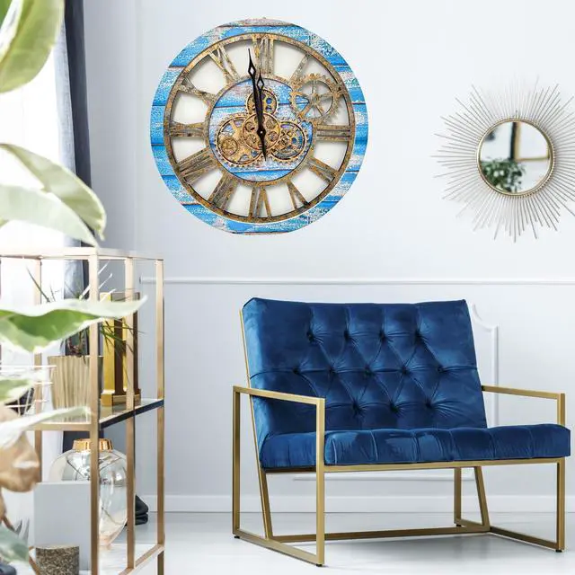 Alt view image 3 of 4 - The Gears Clock 24'' Inch Real Moving Gear Wall Clock Vintage Industrial Oversized Rustic Farmhouse Blue