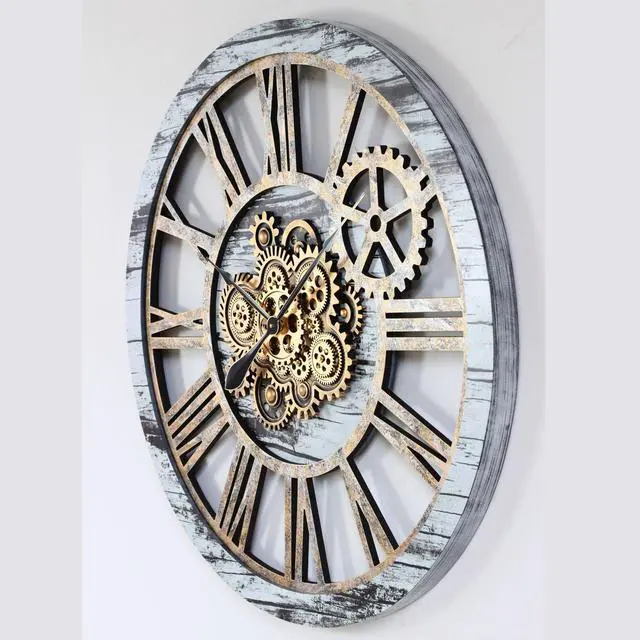 Alt view image 2 of 6 - The Gears Clock 36'' Inch Real Moving Gear Wall Clock Vintage Industrial Oversized Rustic Farmhouse Grey & White