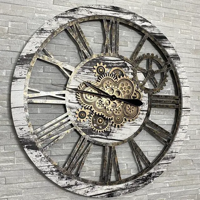 Alt view image 6 of 6 - The Gears Clock 36'' Inch Real Moving Gear Wall Clock Vintage Industrial Oversized Rustic Farmhouse Grey & White