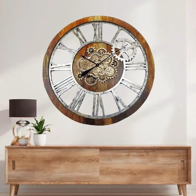 Alt view image 4 of 6 - The Gears Clock 36'' Inch Real Moving Gear Wall Clock Vintage Industrial Oversized Rustic Farmhouse Vintage Brown