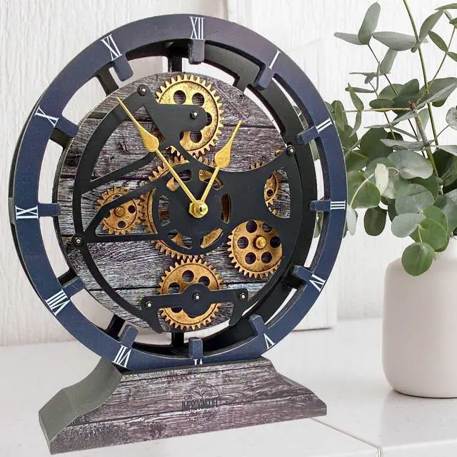 Main image of The Gears Clock Desk Clock 10 Inches With Real Moving Gear Convertible Into Wall Clock Carbon Grey