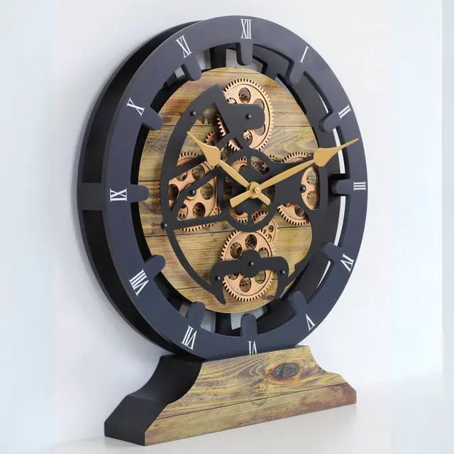 Alt view image 4 of 6 - The Gears Clock 16 inches Wall Clock With Real Moving Gears convertible into a big Mantel Clock Gold Antique