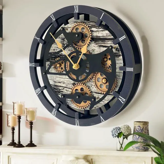 Main image of The Gears Clock 16 inches Wall Clock With Real Moving Gears convertible into a big Mantel Clock Grey/White