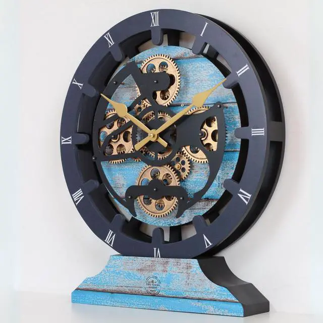 Alt view image 4 of 5 - The Gears Clock 16 inches Wall Clock With Real Moving Gears convertible into a big Mantel Clock Ocean Blue