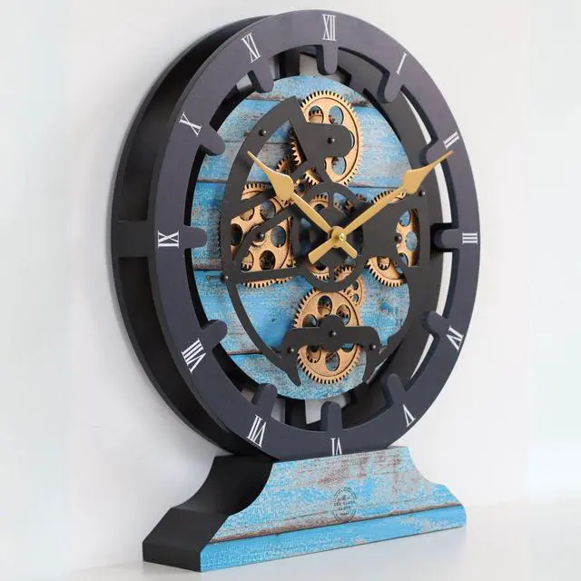 Alt view image 3 of 5 - The Gears Clock 16 inches Wall Clock With Real Moving Gears convertible into a big Mantel Clock Ocean Blue