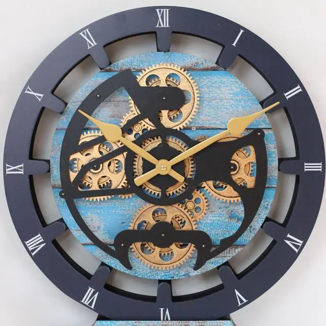 Main image of The Gears Clock 16 inches Wall Clock With Real Moving Gears convertible into a big Mantel Clock Ocean Blue