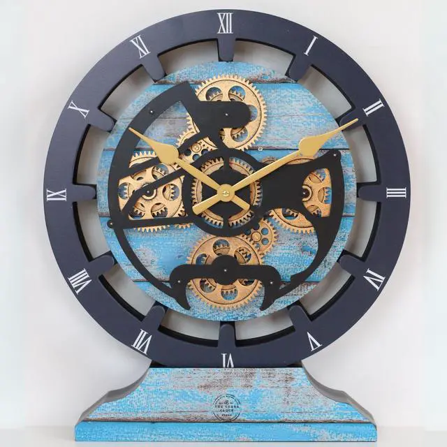 Alt view image 2 of 5 - The Gears Clock 16 inches Wall Clock With Real Moving Gears convertible into a big Mantel Clock Ocean Blue