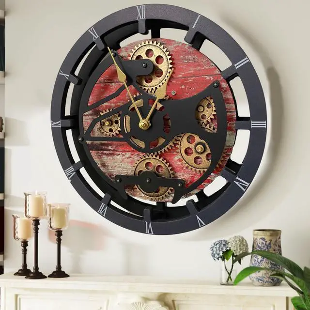 Main image of The Gears Clock 16 inches Wall Clock With Real Moving Gears convertible into a big Mantel Clock Red Lava