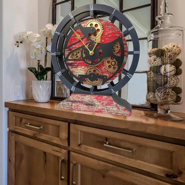 Alt view image 2 of 5 - The Gears Clock 16 inches Wall Clock With Real Moving Gears convertible into a big Mantel Clock Red Lava