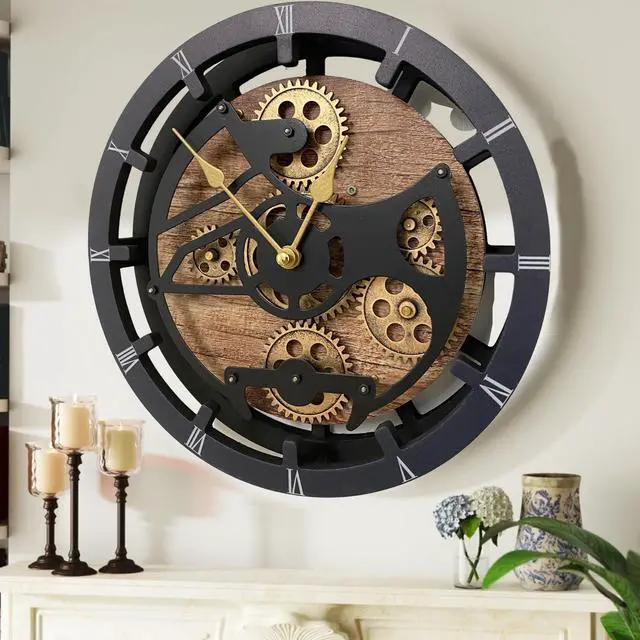 Main image of The Gears Clock 16 inches Wall Clock With Real Moving Gears convertible into a big Mantel Clock Vintage Brown