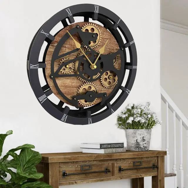 Alt view image 2 of 7 - The Gears Clock 16 inches Wall Clock With Real Moving Gears convertible into a big Mantel Clock Vintage Brown