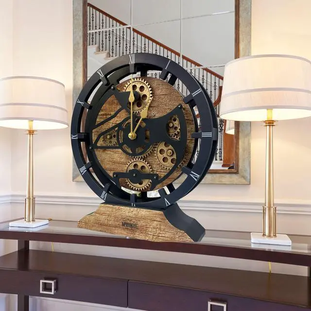 Alt view image 6 of 7 - The Gears Clock 16 inches Wall Clock With Real Moving Gears convertible into a big Mantel Clock Vintage Brown