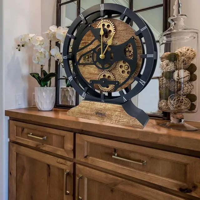 Alt view image 4 of 7 - The Gears Clock 16 inches Wall Clock With Real Moving Gears convertible into a big Mantel Clock Vintage Brown