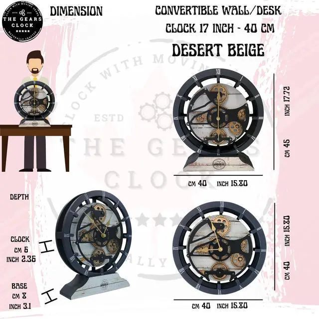 Alt view image 7 of 7 - The Gears Clock 16 inches Wall Clock With Real Moving Gears convertible into a big Mantel Clock Desert Beige