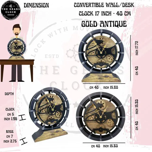 Alt view image 6 of 6 - The Gears Clock 16 inches Wall Clock With Real Moving Gears convertible into a big Mantel Clock Gold Antique