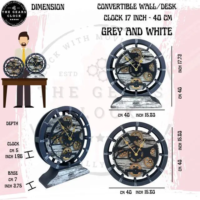 Alt view image 7 of 7 - The Gears Clock 16 inches Wall Clock With Real Moving Gears convertible into a big Mantel Clock Grey/White
